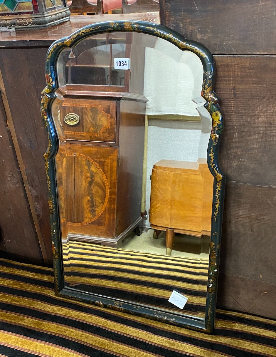 An early 20th century green chinoiserie lacquer bevelled wall mirror, width 45cm, height 72cm